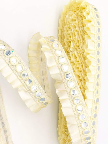 Off White Satin Pleated Lace Trim, Mirrored Fringe Trimming, Approx. 30mm wide